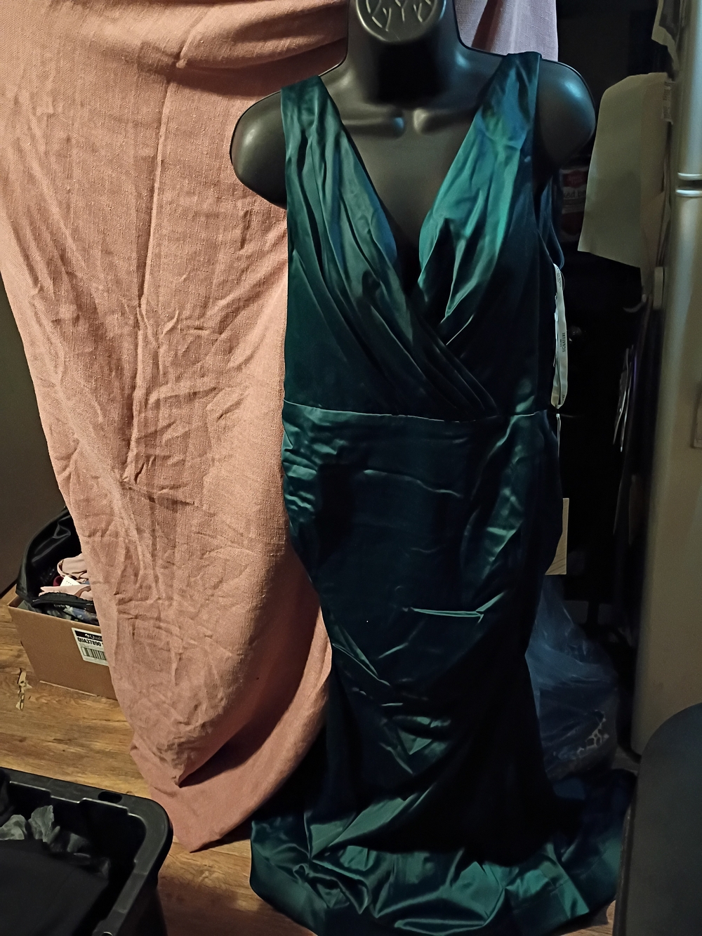 Sigma Beauty Dark Teal Satin Wrap Maxi Dress